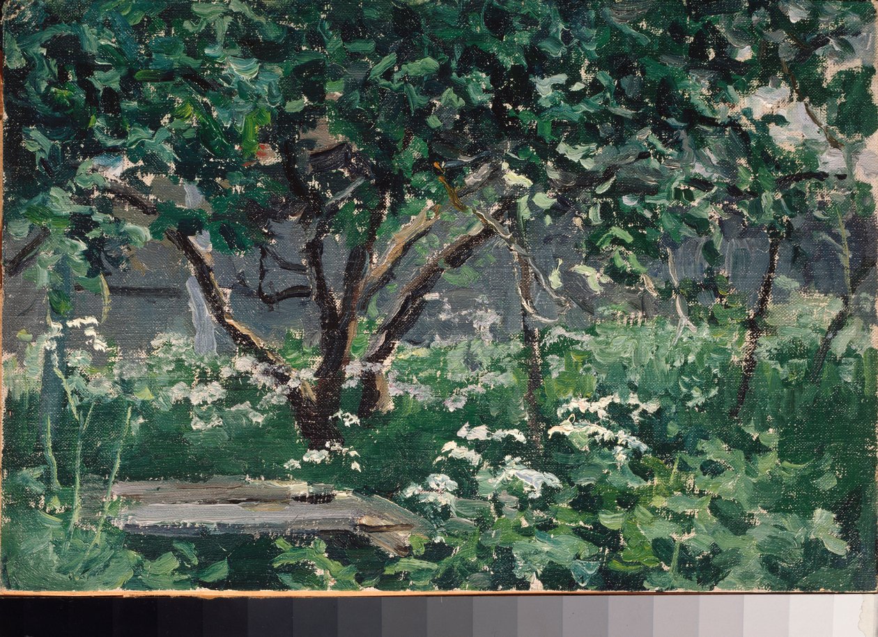 Ett hörn av trädgården - Verk av Alexei Stepanovich Stepanov (1858-1923), olja på kartong av Alexei Steipanovitch Stepanov