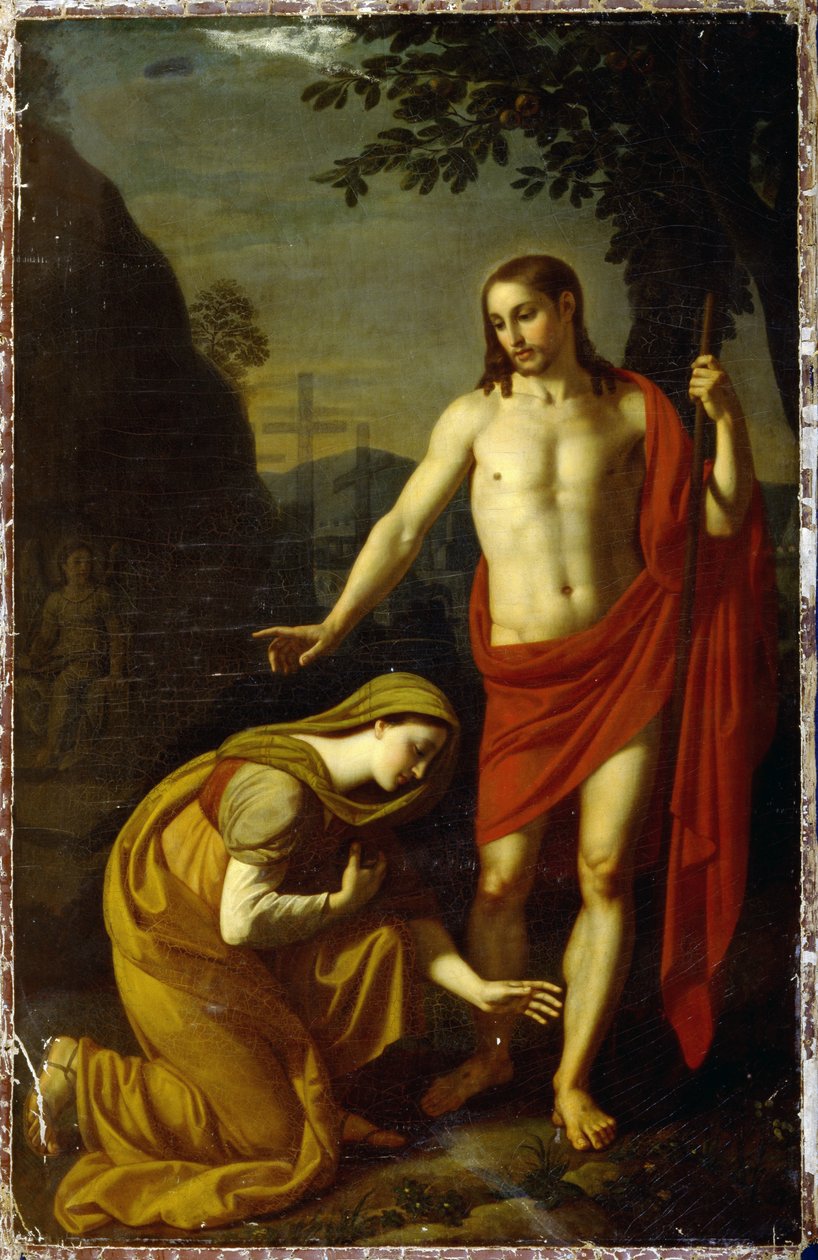 Noli Me Tangere. (Rör mig inte). Ord från Jesus under hans uppståndelse, adresserade till Maria de Magdala (Maria Magdalena), i bakgrunden, tortyrkorsen på berget Golgata. Målning av Alexei Yegorovich Yegorov (1776-1851), olja på duk av Alexei Yegorovich Yegorov