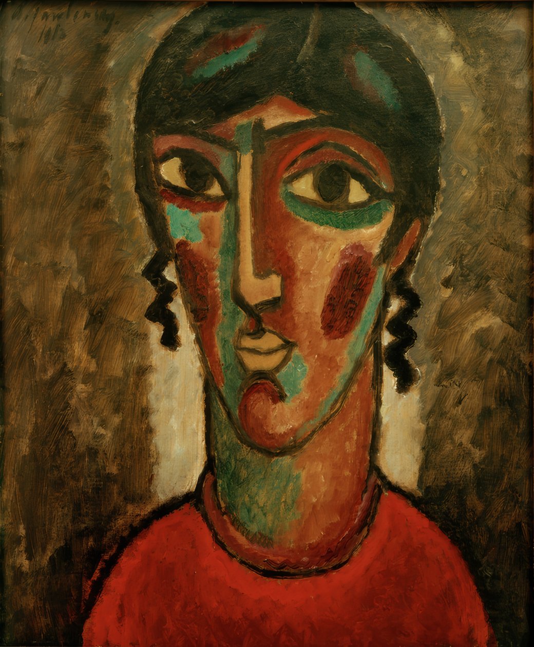 Spansk kvinna (huvud för en kvinna mot grå bakgrund) av Alexej von Jawlensky