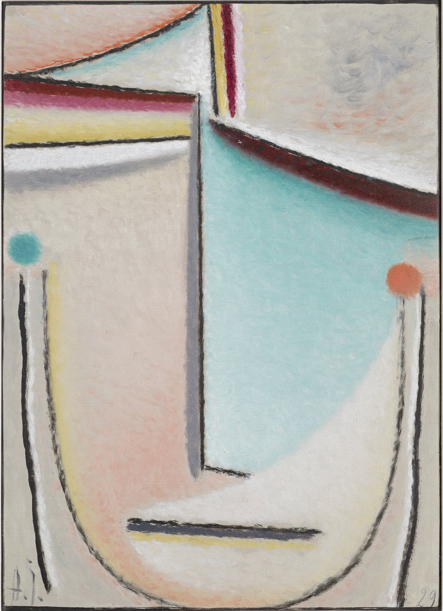 Abstrakt huvud: rosa-ljusblått, 1929 (olja på kartong) av Alexej von Jawlensky