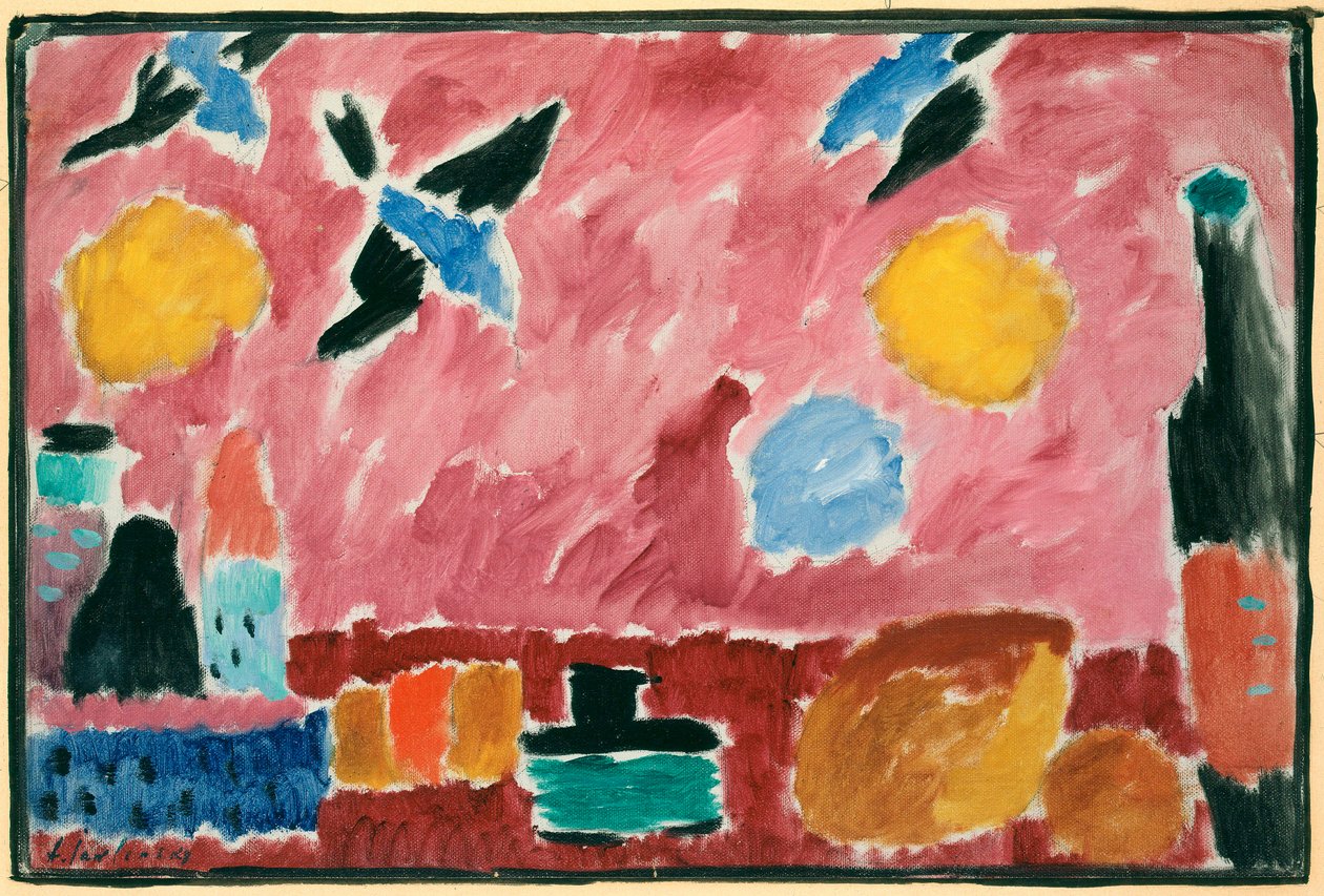 Med röda svalmönstrade tapeter - Målning av Alexei von Javlensky (1864-1941), olja på kartong av Alexej von Jawlensky
