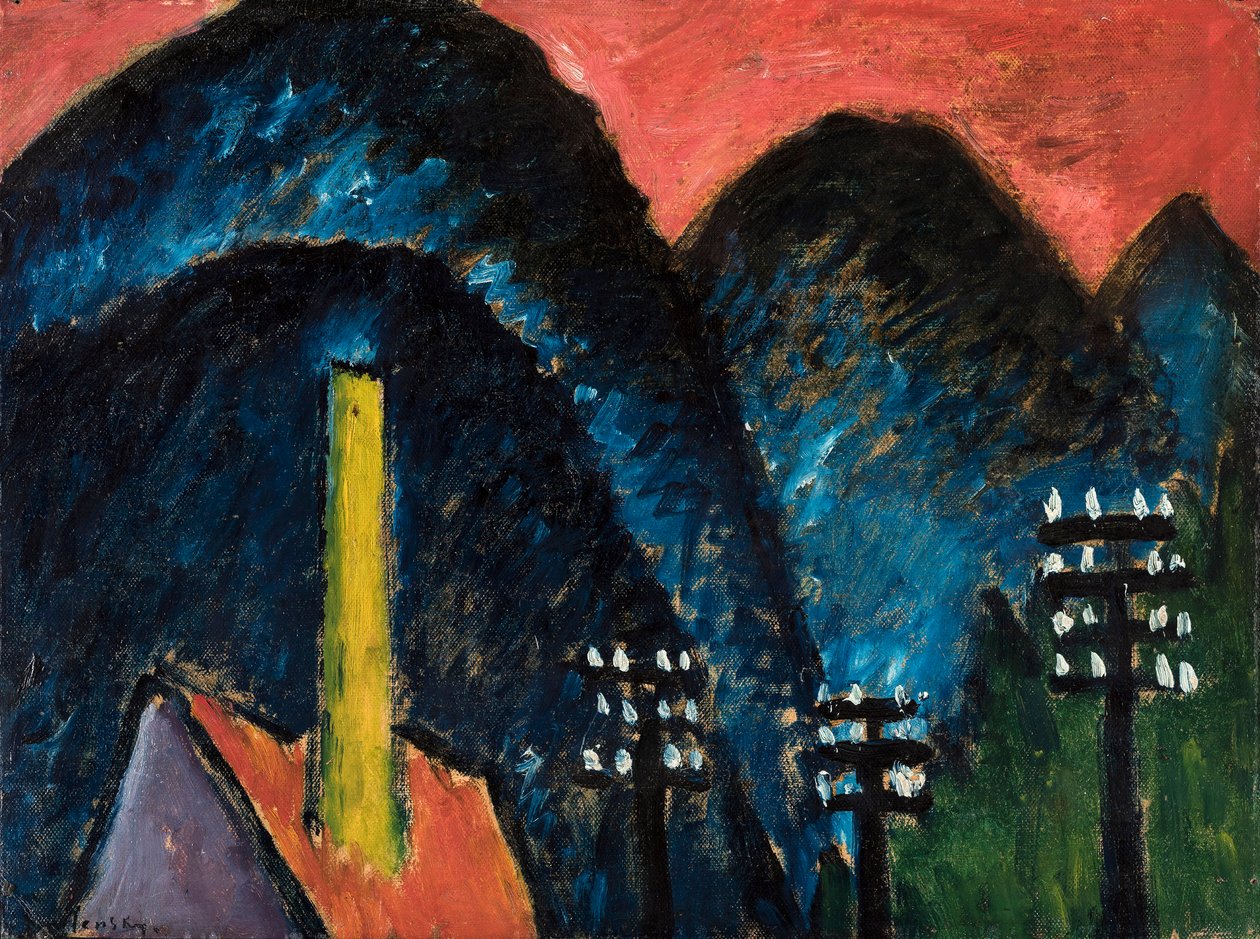 Blå berg Landskap med gul skorsten, 1912. av Alexej von Jawlensky