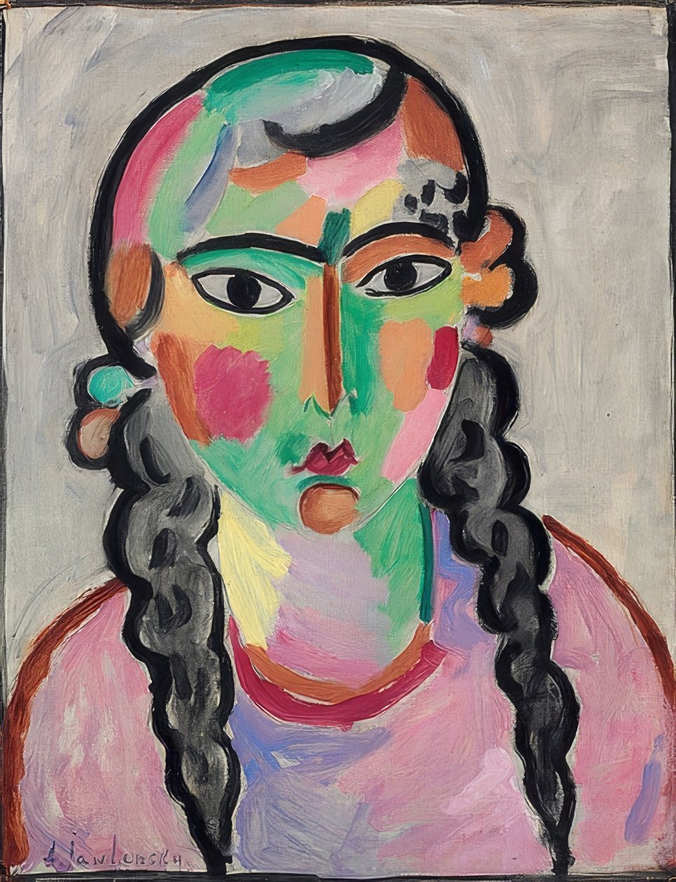 Den bleka flickan med gråa flätor. Omkring 1916 av Alexej von Jawlensky