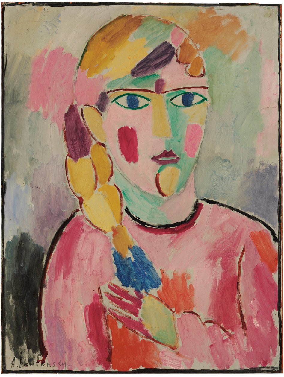 Flicka med blå ögon och en hästsvans; Flicka med blå ögon och en pigtail, ca 1916 av Alexej von Jawlensky