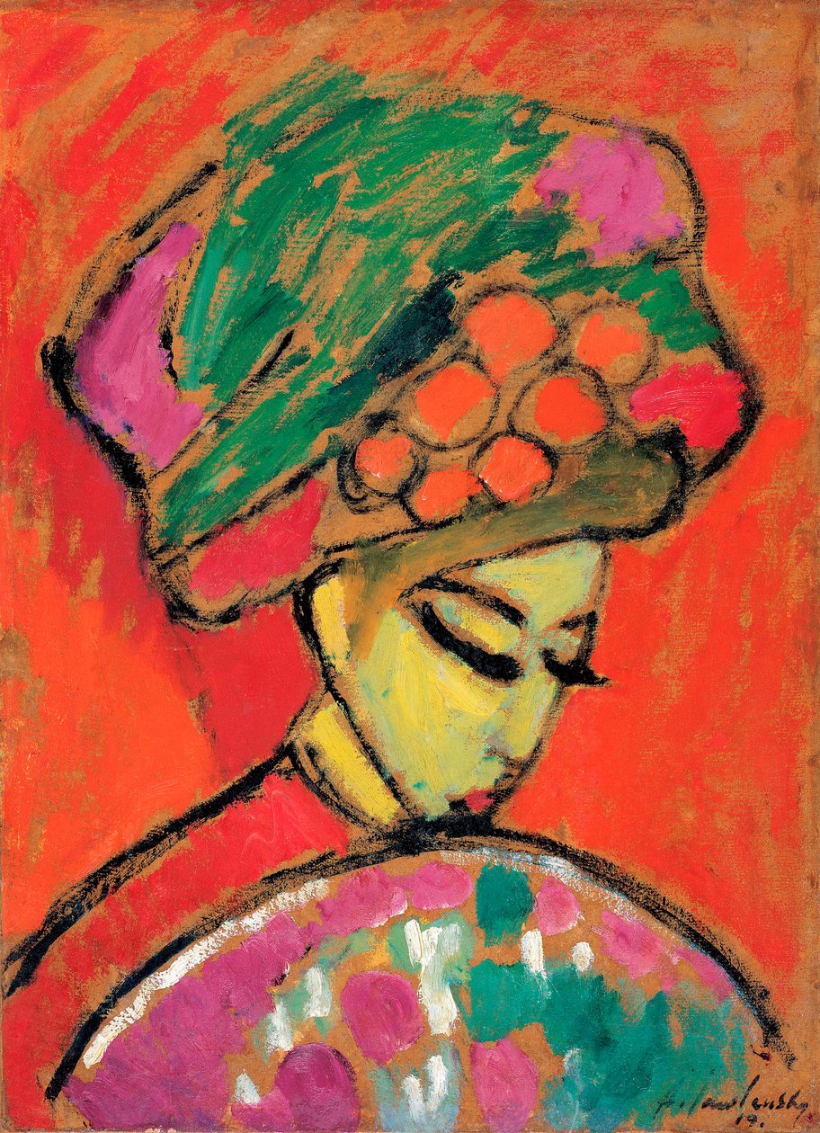 Ung flicka med en blommig hatt - Målning av Alexei von Javlensky (1864-1941) olja på kartong, 67,5x49 cm av Alexej von Jawlensky