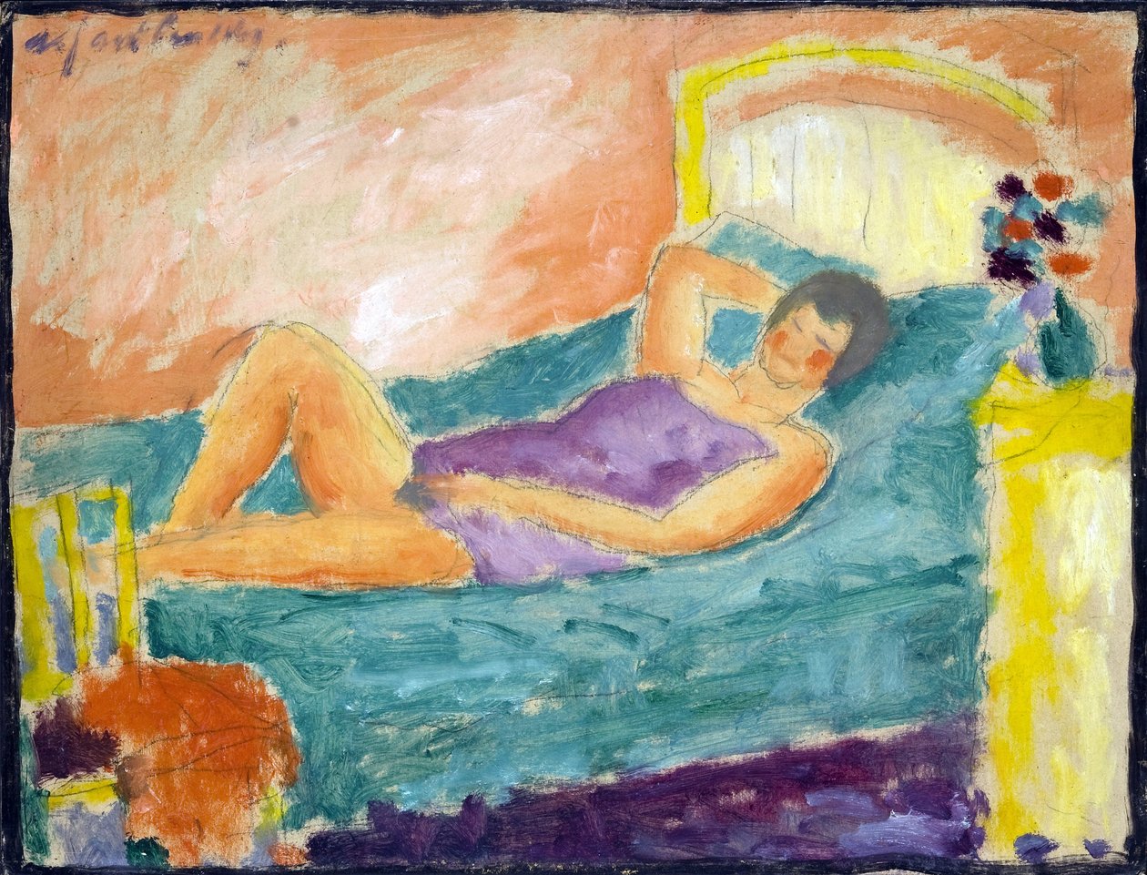 Flickan lägger sig. (The Liging Girl). Verk av Alexei von Javlensky (Alexi von Jawlensky, Alexej von Javlenski) (1864-1941). olja på kartong av Alexej von Jawlensky