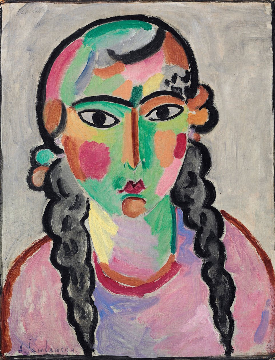 La fille pale aux tresses grises - The Pale Girl with Grey Pigtails, av Alexej von Jawlensky (Javlensky) (1864-1941). Olja på papper, c. 1916. Mått : 63,5x49,5 cm. Privat samling av Alexej von Jawlensky