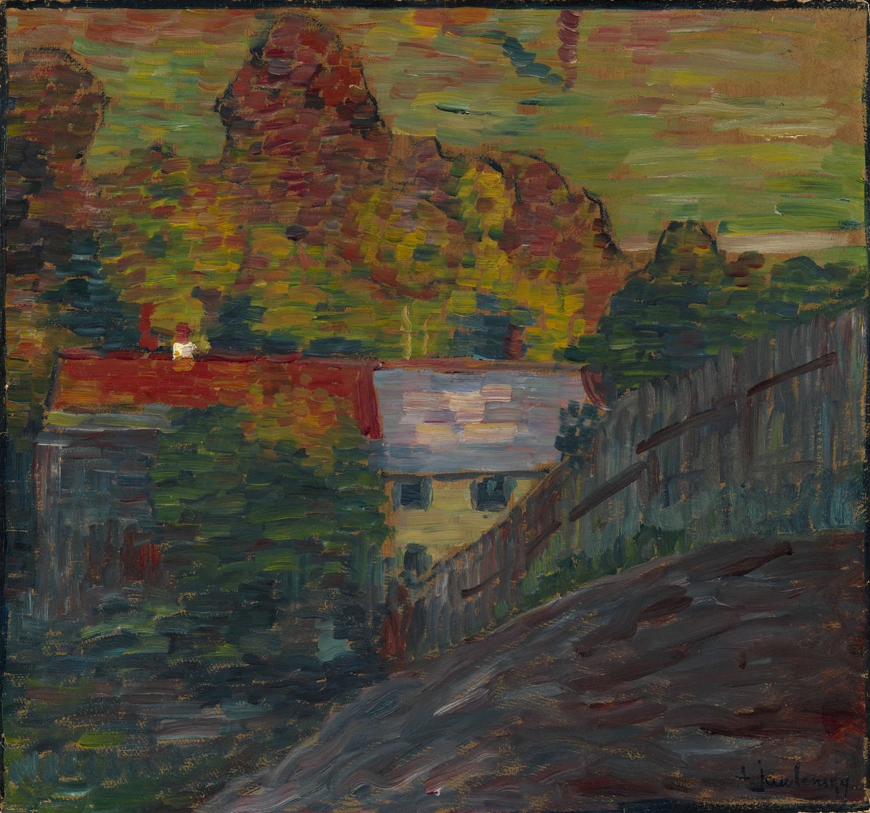Landskap med rött tak, Wasserburg, ca. 1906 av Alexej von Jawlensky