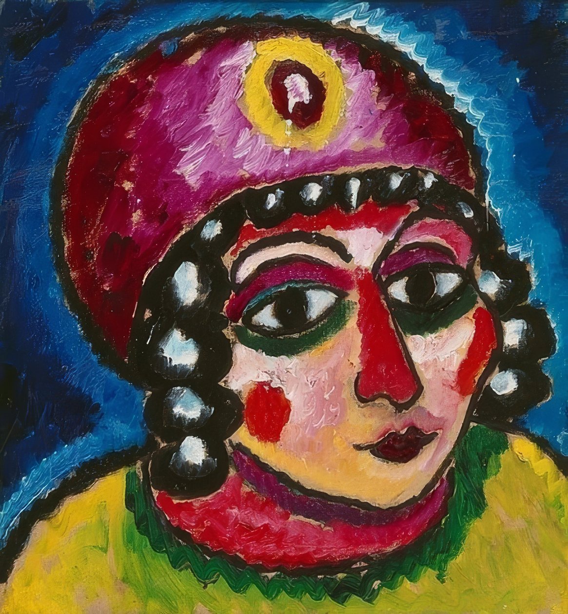 Flickhuvud med röd turban och gul agraffe (barbarprinsessa). Omkring 1912 av Alexej von Jawlensky