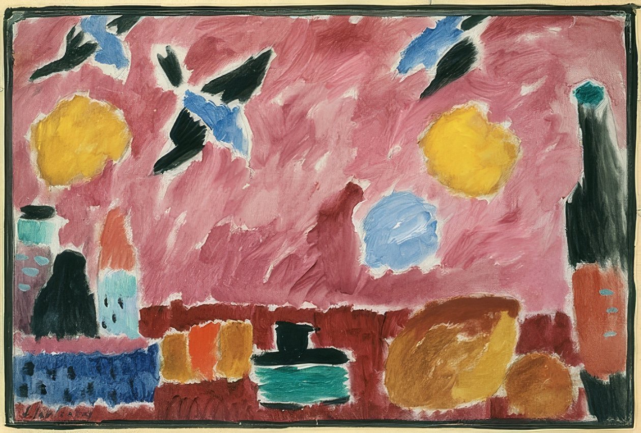 Med röd svalstapet (stilleben med flaska, bröd och röd svalstapet). 1915 av Alexej von Jawlensky