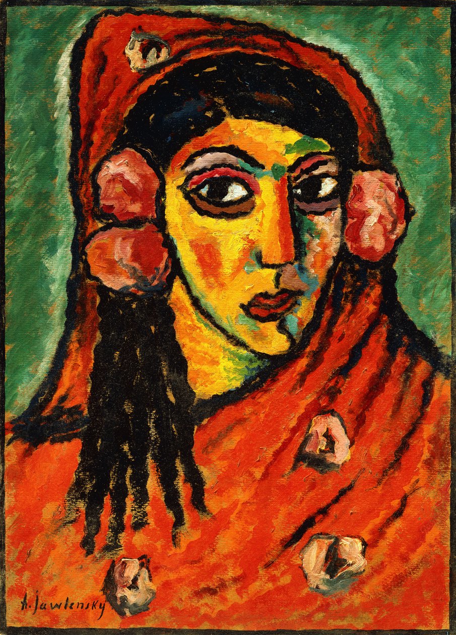 Spansk flicka med en röd halsduk; Spansk kvinna med röd sjal, ca 1912 av Alexej von Jawlensky