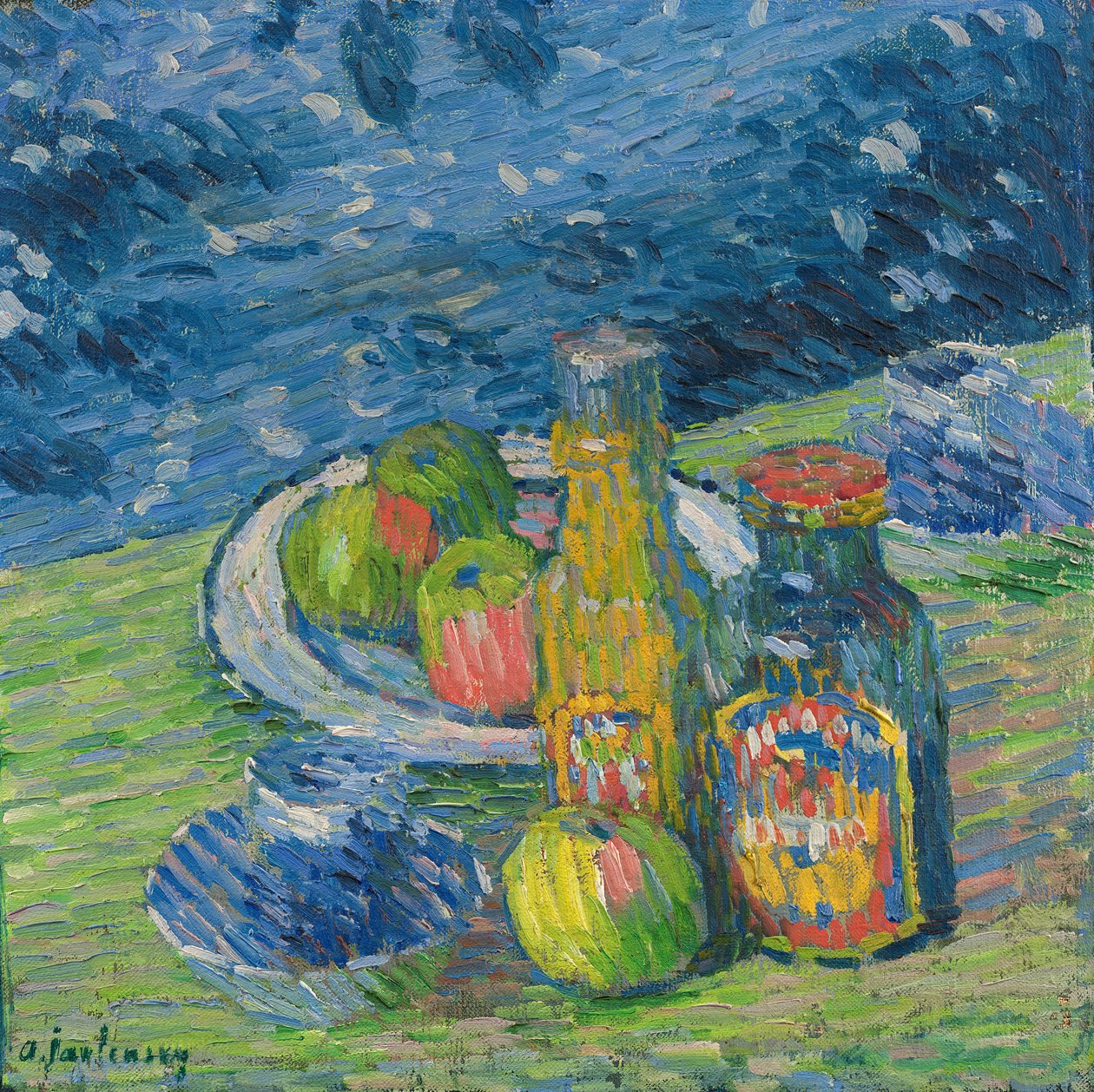 Stilleben med flaskor och frukt av Alexej von Jawlensky
