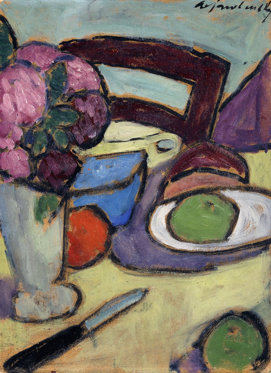 Stilleben med stol och bukett; Stilleben med stol och blomstergatan, 1906 av Alexej von Jawlensky