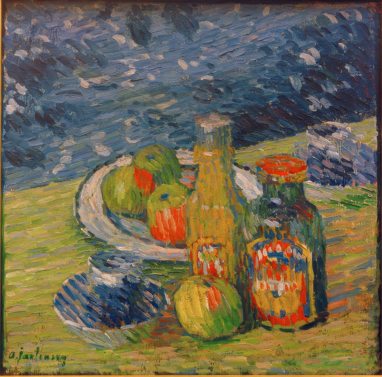 Stilleben med flaskor, skål med frukt och kopp av Alexej von Jawlensky
