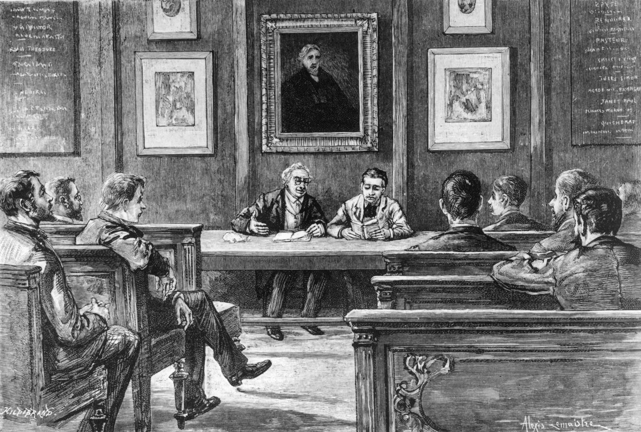 En taluttalsklass på Ecole Normale Superieure i Paris, från Nos Grandes Ecoles av Louis Rousselet, Hachette, Paris, 1888 (bw foto) av Alexis Lemaistre