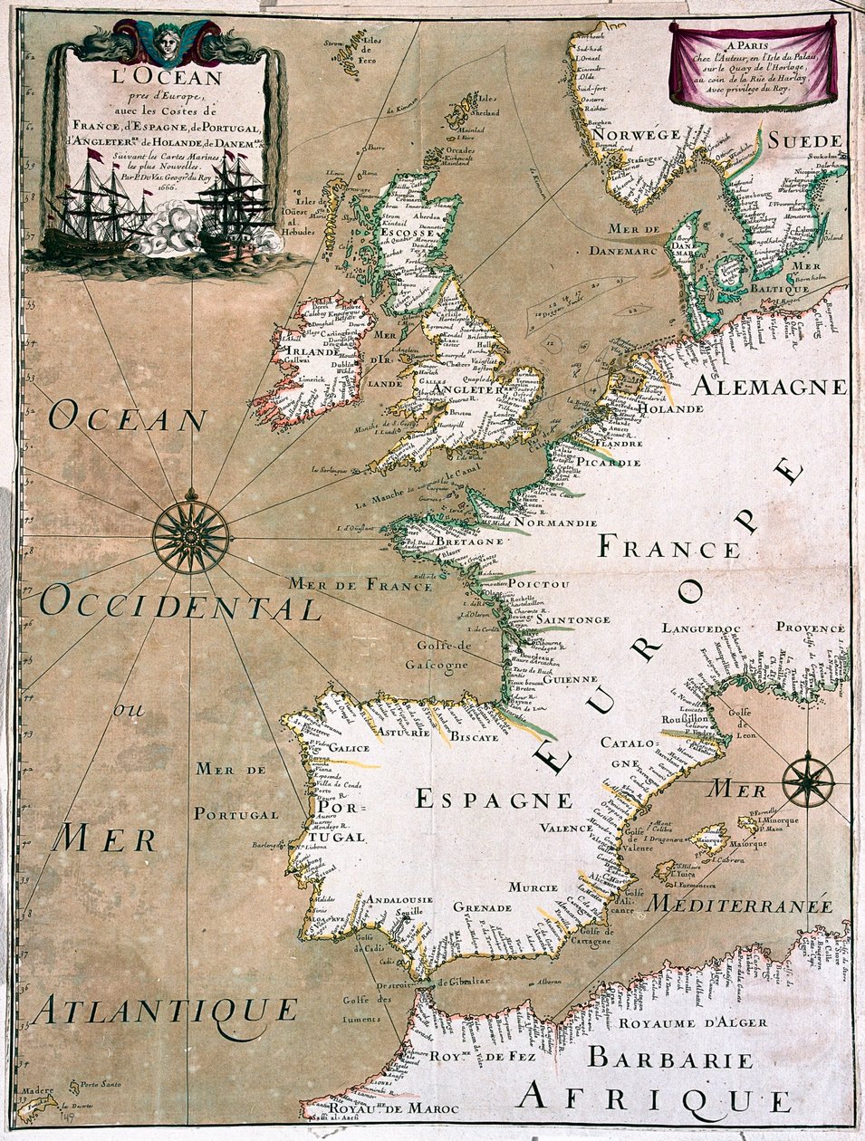Oceanen med Frankrikes, Spaniens, Portugals, Englands, Nederländernas och Danmarks kust - av A av Alexis Hubert Jaillot