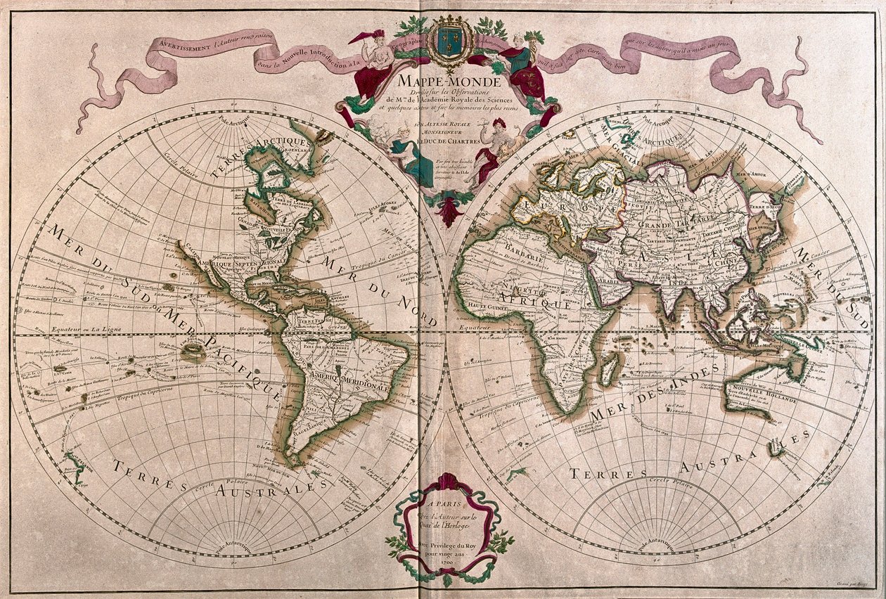 Världen, av A.H. Jaillot i "Atlas Français" - Paris av Alexis Hubert Jaillot