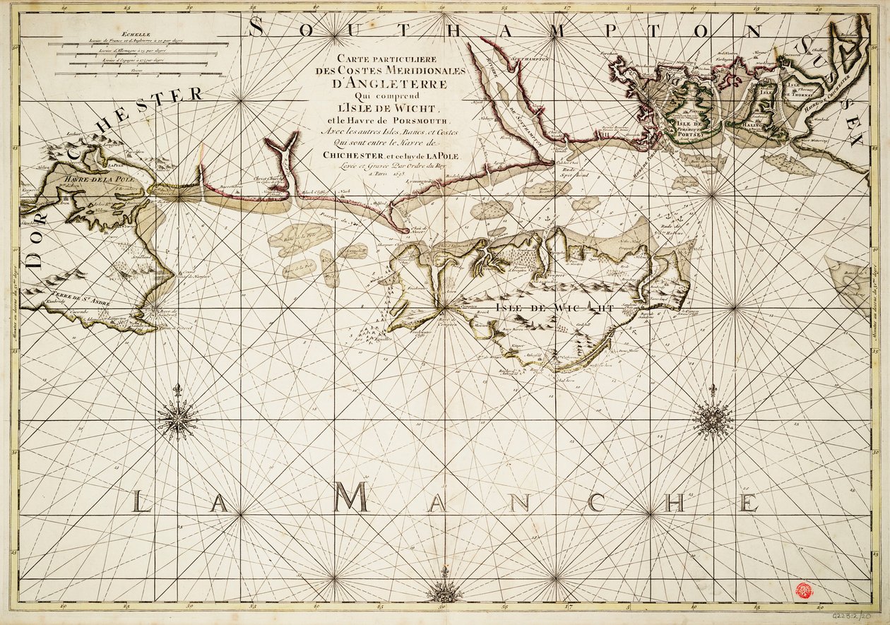 Karta över den engelska kusten, Isle of Wight och Portsmouths hamn av Alexis Hubert Jaillot