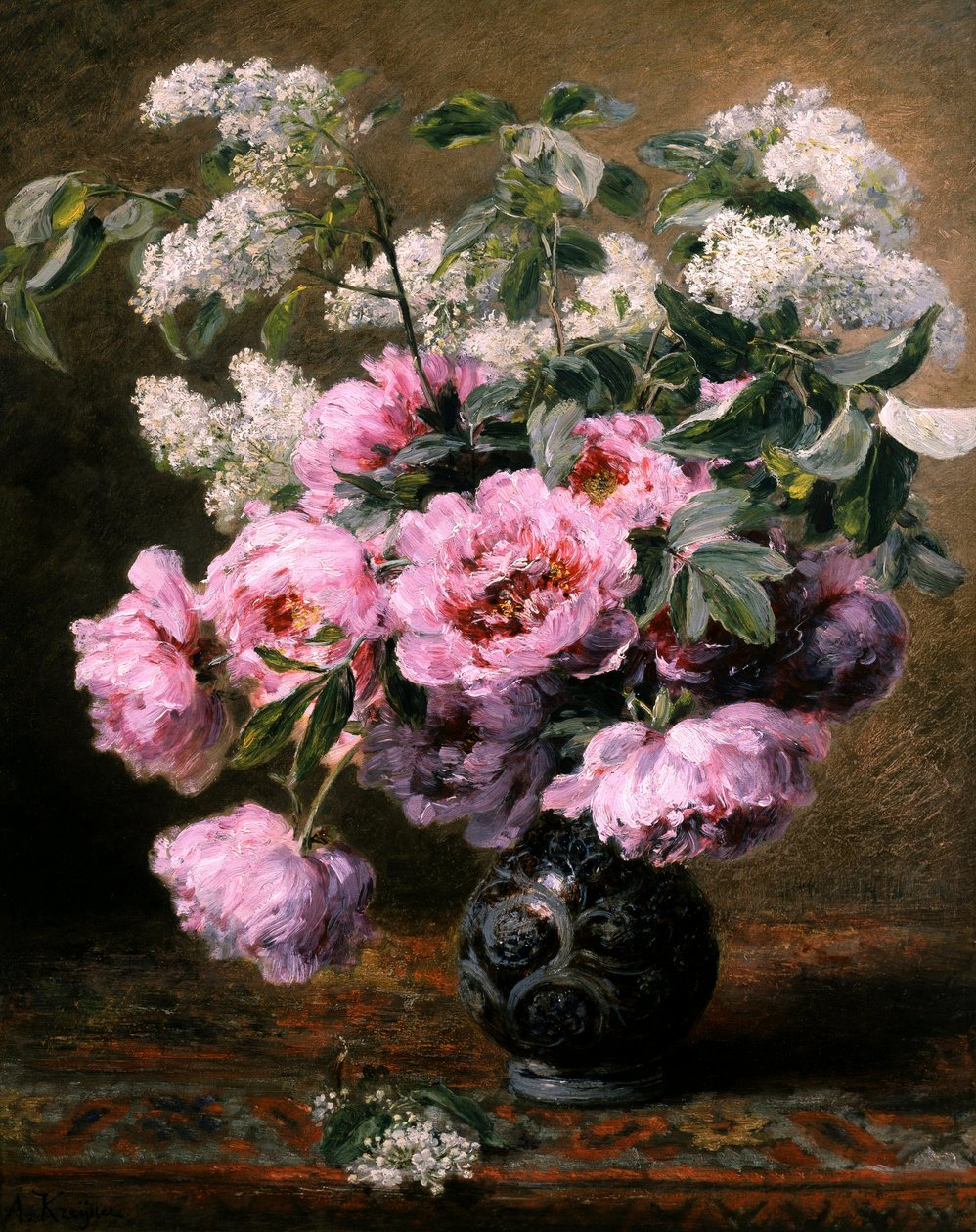 Stilleben av sommarblommor med pioner och syrener. Målning av Alexis Kreyder (1839-1912) Privat samling. av Alexis Kreyder