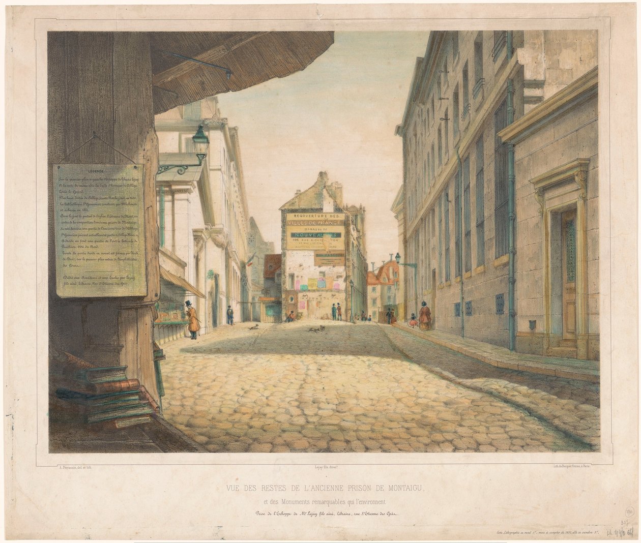 Gezicht på de Rue Saint-Étienne-des-Grès te Paris Utsikt över resterna av det tidigare fängelset i Montaigu och de anmärkningsvärda monumenten som omger det (titel på objektet) av Alexis Perrassini