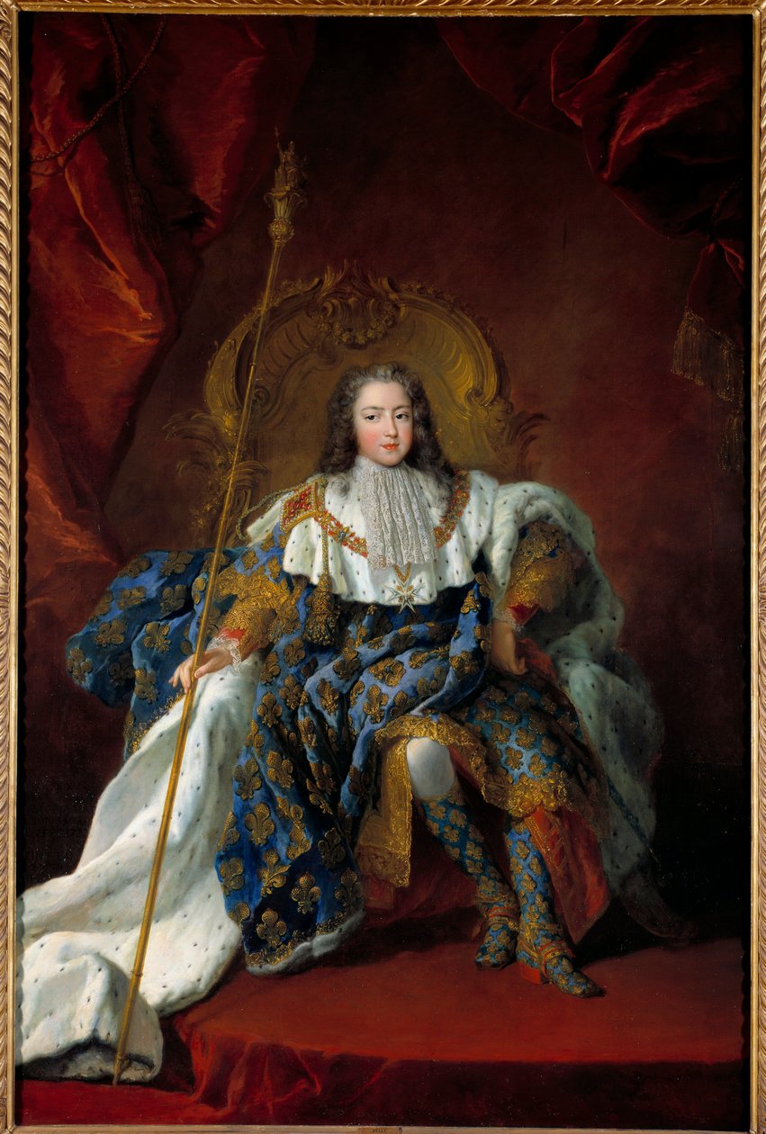 Porträtt av Louis XV (1710-1774) barn på sin trone täckt av kostymen och attributen för den heliga målningen av Alexis Simon Belle (1674-1734) 1723 Sön. 2,26x1,8 m - Porträtt av Ludvig XV (1710-1774), som ett barn på sin tron med kröningsklänning - Pai av Alexis Simon Belle
