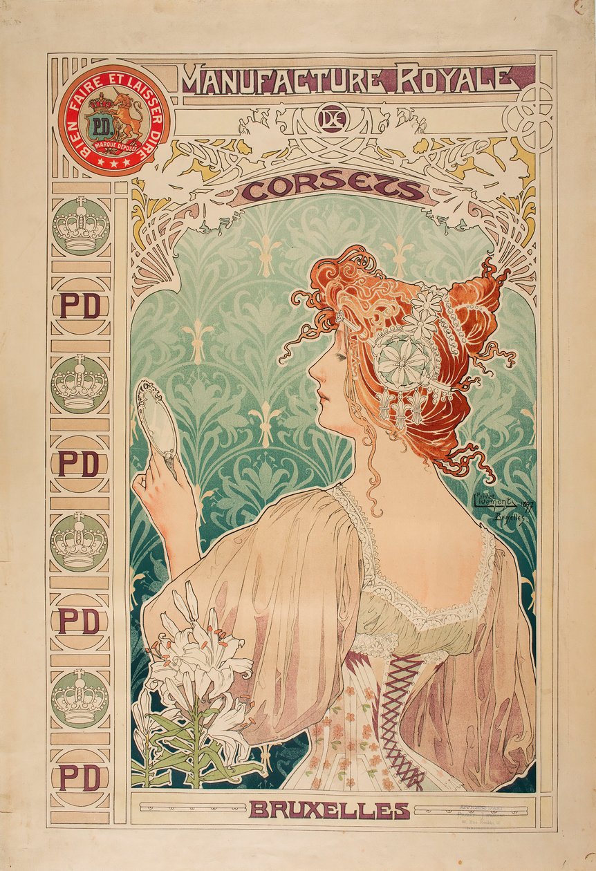 Tillverkning Royale av korsetter, 1897. av Alfons Marie Mucha