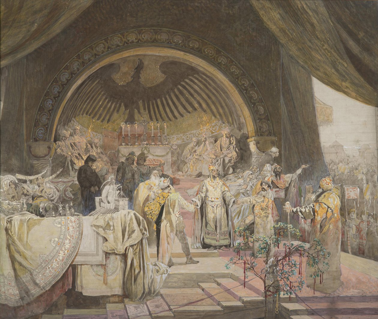 Ottokar II av Böhmen. The Union of Slavic Dynasties Cykeln The Slav Epic Sketch. av Alfons Marie Mucha