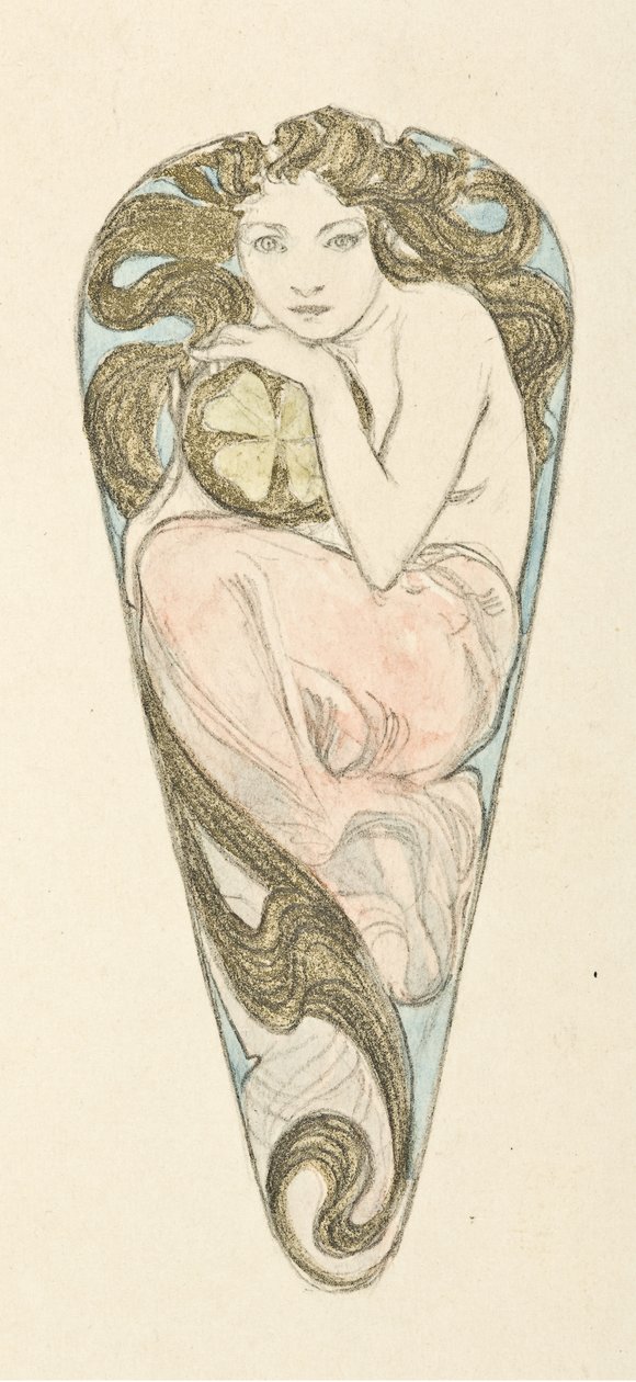 Miniatyrprojekt för hängsmycke av ett stort livstycke, ca. 1900. av Alfons Marie Mucha