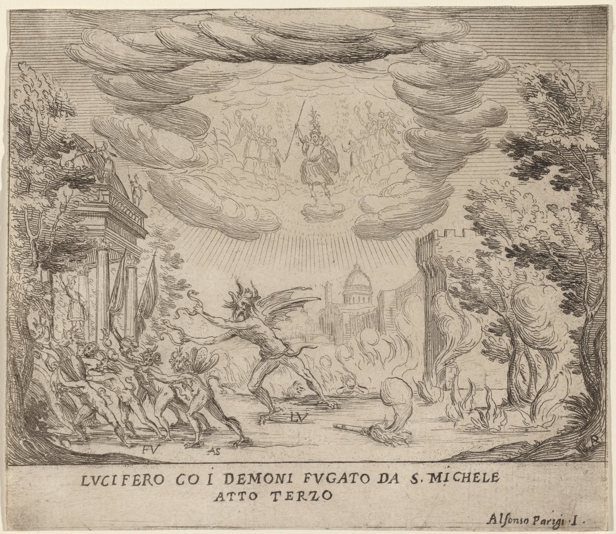 Lucifer och demoner som flyr Saint Michael av Alfonso Parigi II