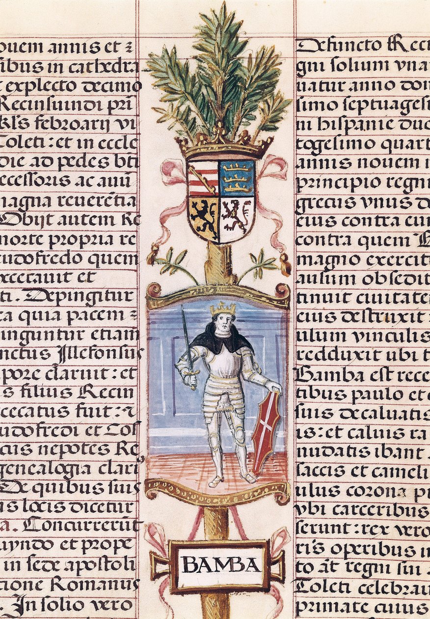Porträtt av den västgotiska kungen Wamba (d. 688, kung av Spanien från 672-680/681, från "Släktforskning av kungarna av Spanien" av Alonso de Cartagena av Alfonso de Cartagena