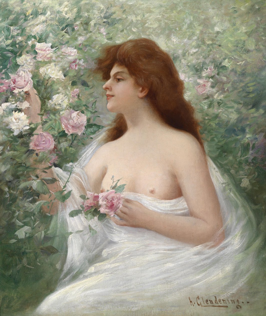 Junge Frau Rosen pflückend av Alfred Augustus Glendening