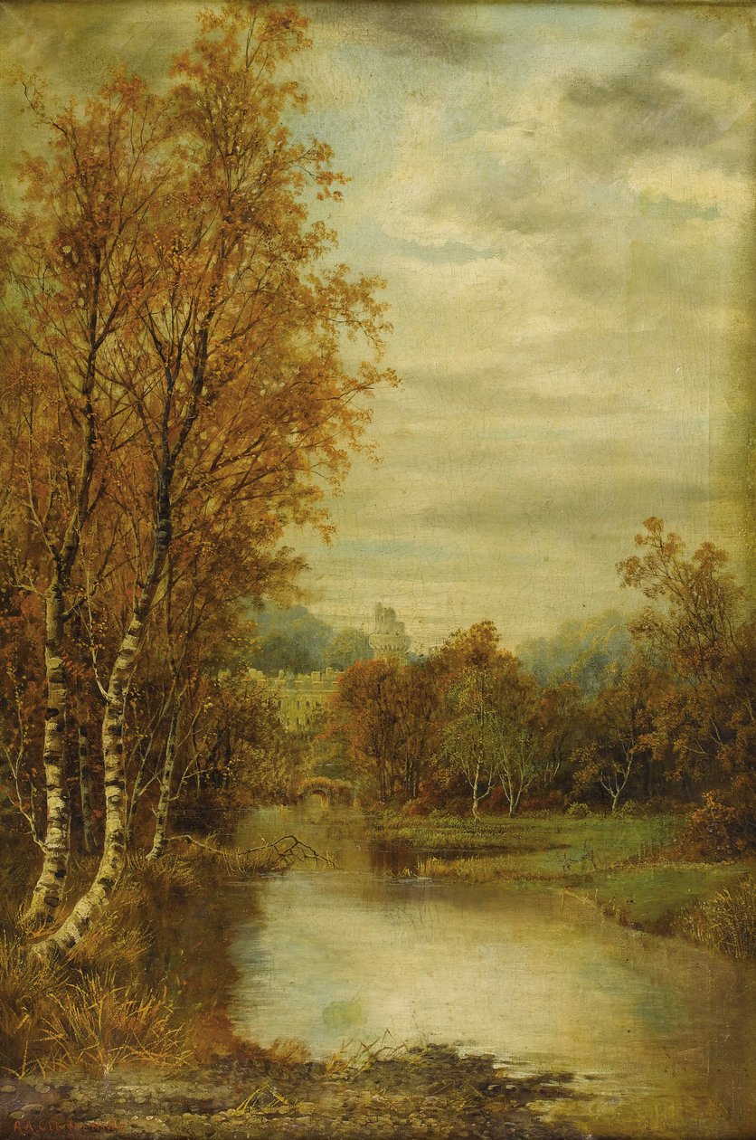 Autumn Landscape With Pond And Castle Tower av Alfred Augustus Glendening