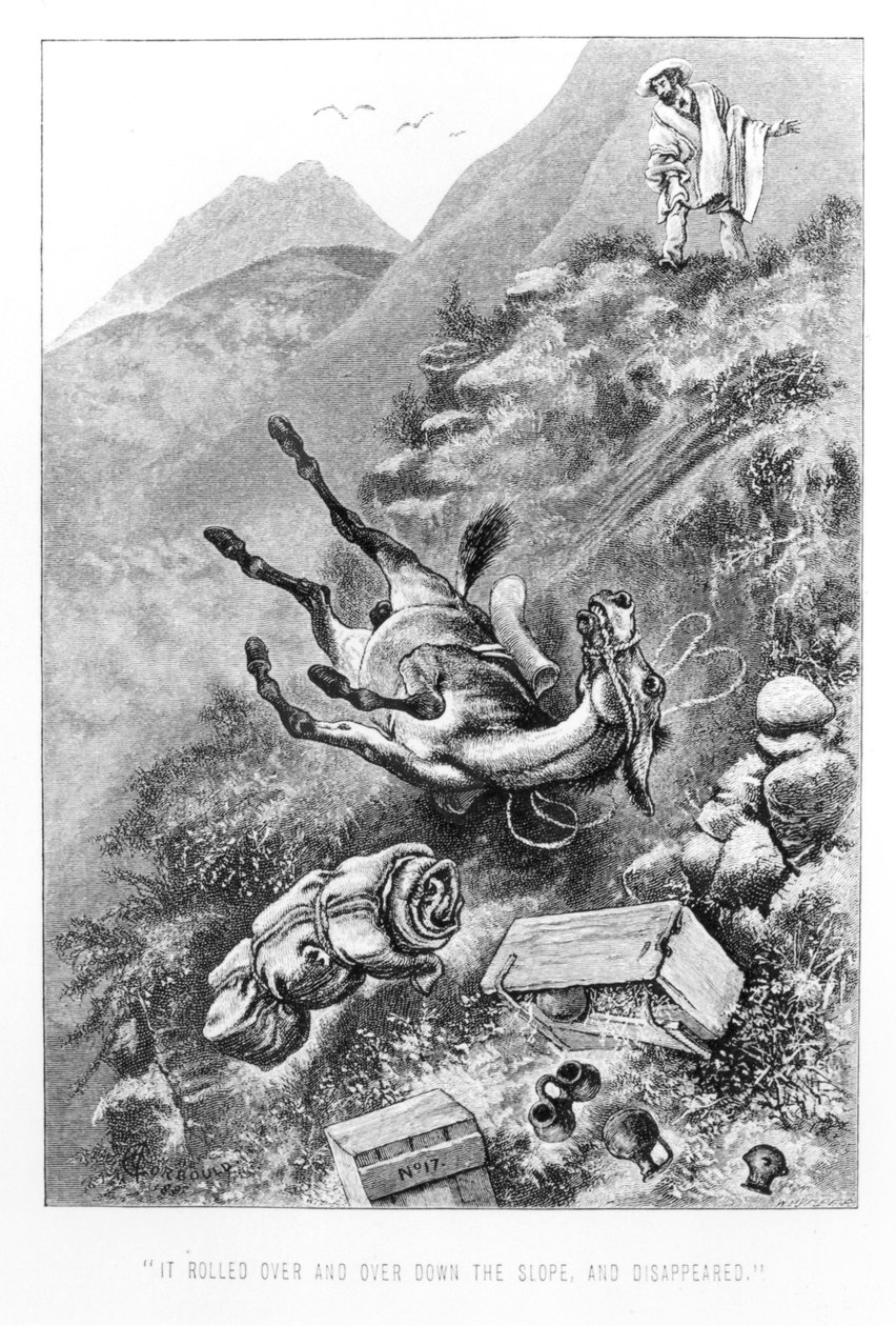 Arkeologiska troféer förstördes på vägen till Quito, Ecuador, från "Resor Amongst the Great Andes of the Equator" av Edward Whymper, 1892 av Alfred Chantrey Corbould