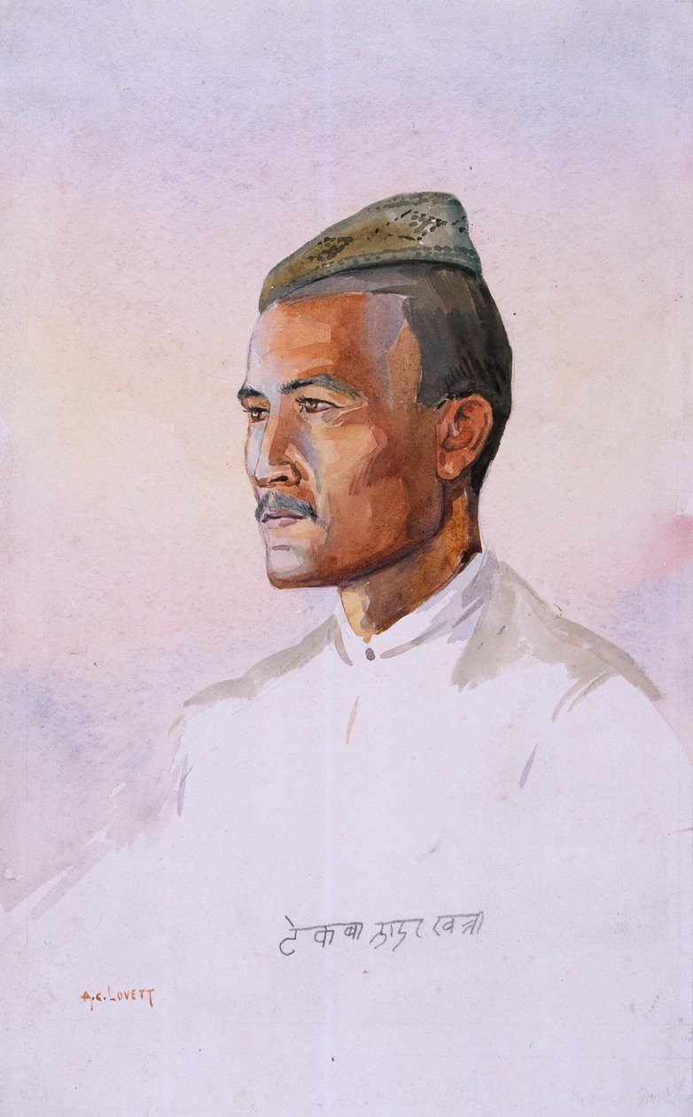 En Khas Gurkha, från 9th Gurkha Rifles, illustration till "Armies of India" av major G.F. MacMunn, publicerad 1911, 1908 av Alfred Crowdy Lovett