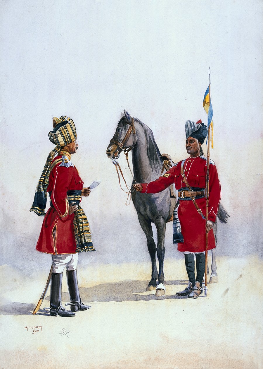 Alwar Lancers, Commandment och Chohan Rajput, illustration till "Armies of India" av major G.F. MacMunn, publicerad 1911, 1910 av Alfred Crowdy Lovett
