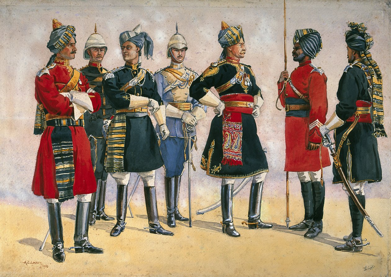 Brittiska officerare, indiska armén, illustration för "Armies of India", publicerad 1911, 1910 av Alfred Crowdy Lovett