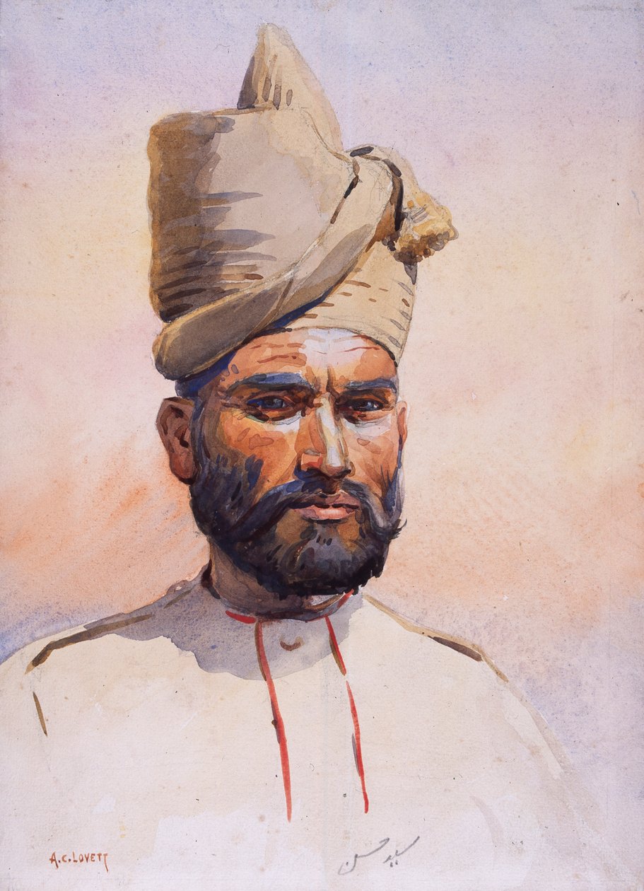 Soldat från den 26:e punjabisen Malikdin Khel (Afridi), illustration för "Armies of India" av major G.F. MacMunn, publicerad 1911, 1908 av Alfred Crowdy Lovett