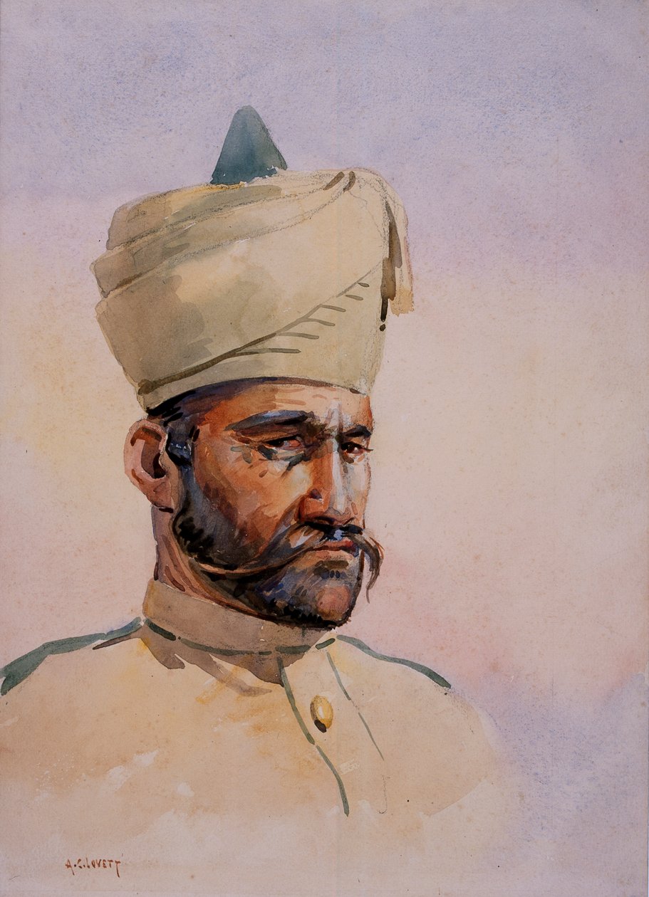 Soldat of the 40th Pathans, Malikdin Khel (Afridi), illustration för "Armies of India" av major G.F. MacMunn, publicerad 1911, 1908 av Alfred Crowdy Lovett