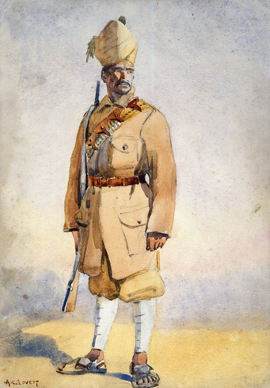 Soldier of the Khyber Rifles, illustration för "Armies of India" av major G.F. MacMunn, publicerad 1911, 1908 av Alfred Crowdy Lovett
