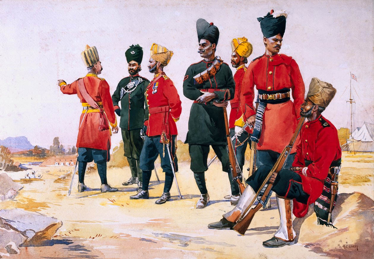 Soldat i Rajputana Infantry, illustration från "Armies of India" av major G.F. MacMunn, publicerad 1911, 1908 av Alfred Crowdy Lovett