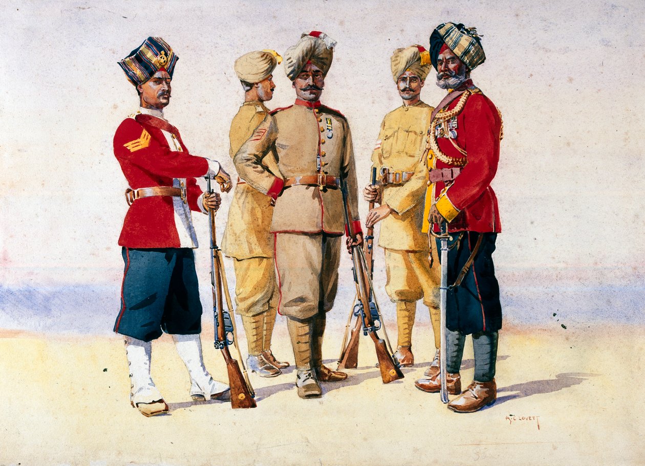 Soldater från olika regementen, illustration till "Armies of India" av major G.F. MacMunn, publicerad 1911, 1908 av Alfred Crowdy Lovett