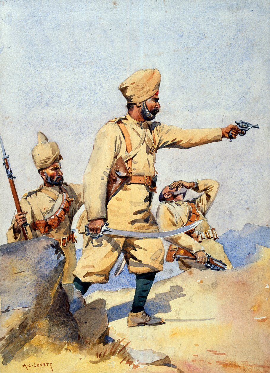 Soldater från den 24:e punjabisen Malik Din Khel (Afridi) och Subadar, Jay Sikh, illustration för "Armies of India" av major G.F. MacMunn, publicerad 1911, 1908 av Alfred Crowdy Lovett