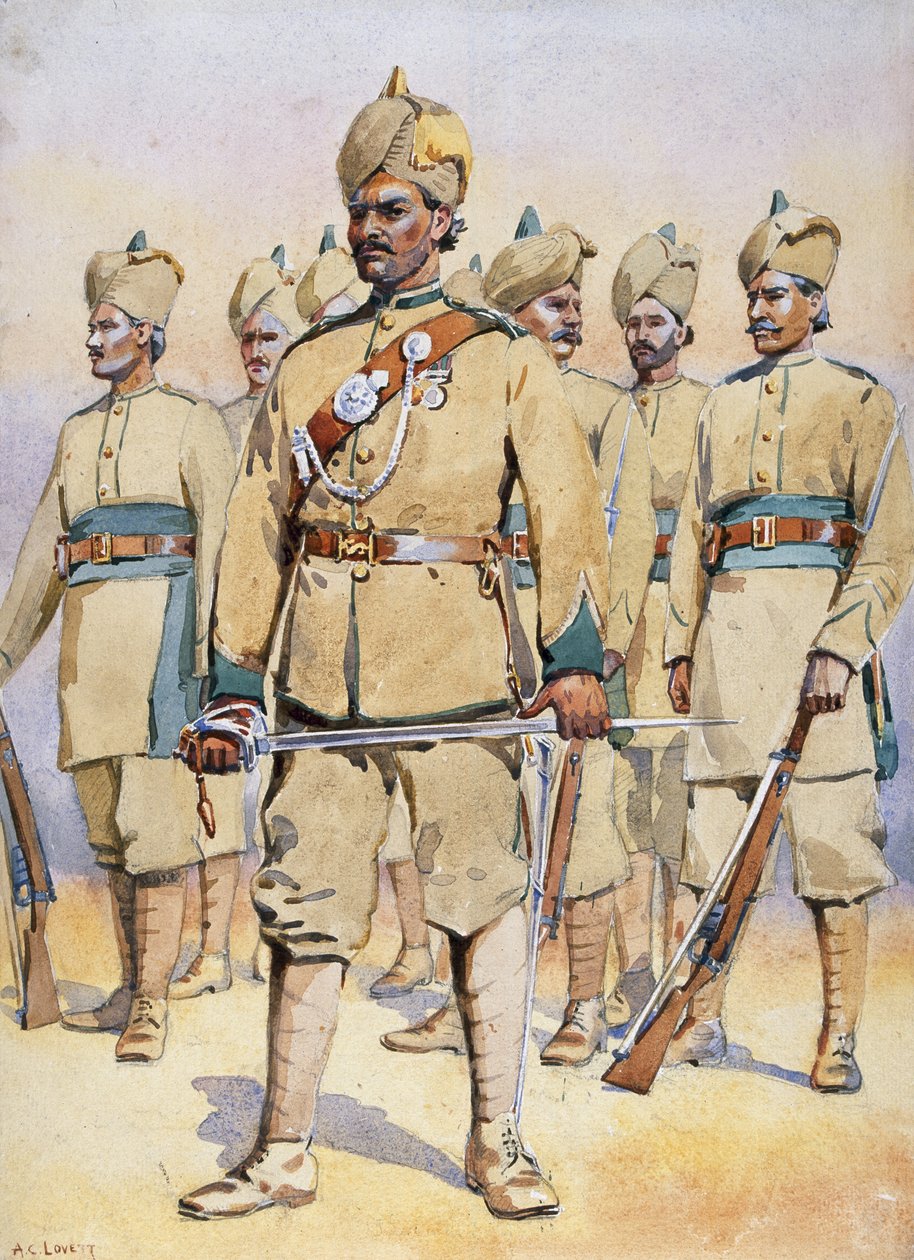 Soldiers of the 33rd Punjabis, Subadar, Punjabi Musalmans, illustration för "Armies of India" av major G.F. MacMunn, publicerad 1911, 1908 av Alfred Crowdy Lovett
