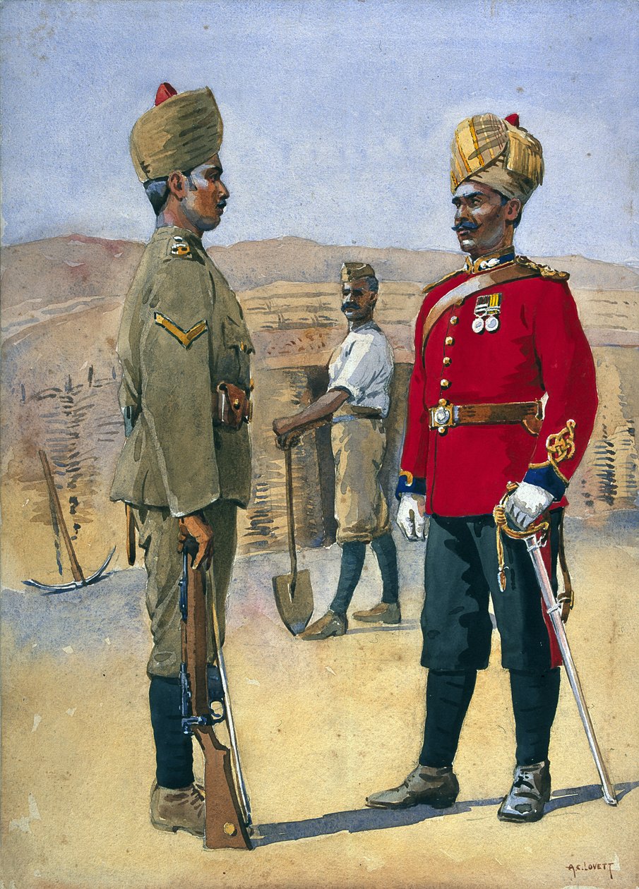 Soldater från 3:e Sappers and Miners Lance, Naik, Brahman of Oudh. Jemadah, Dekhani Mahratti, illustration för 