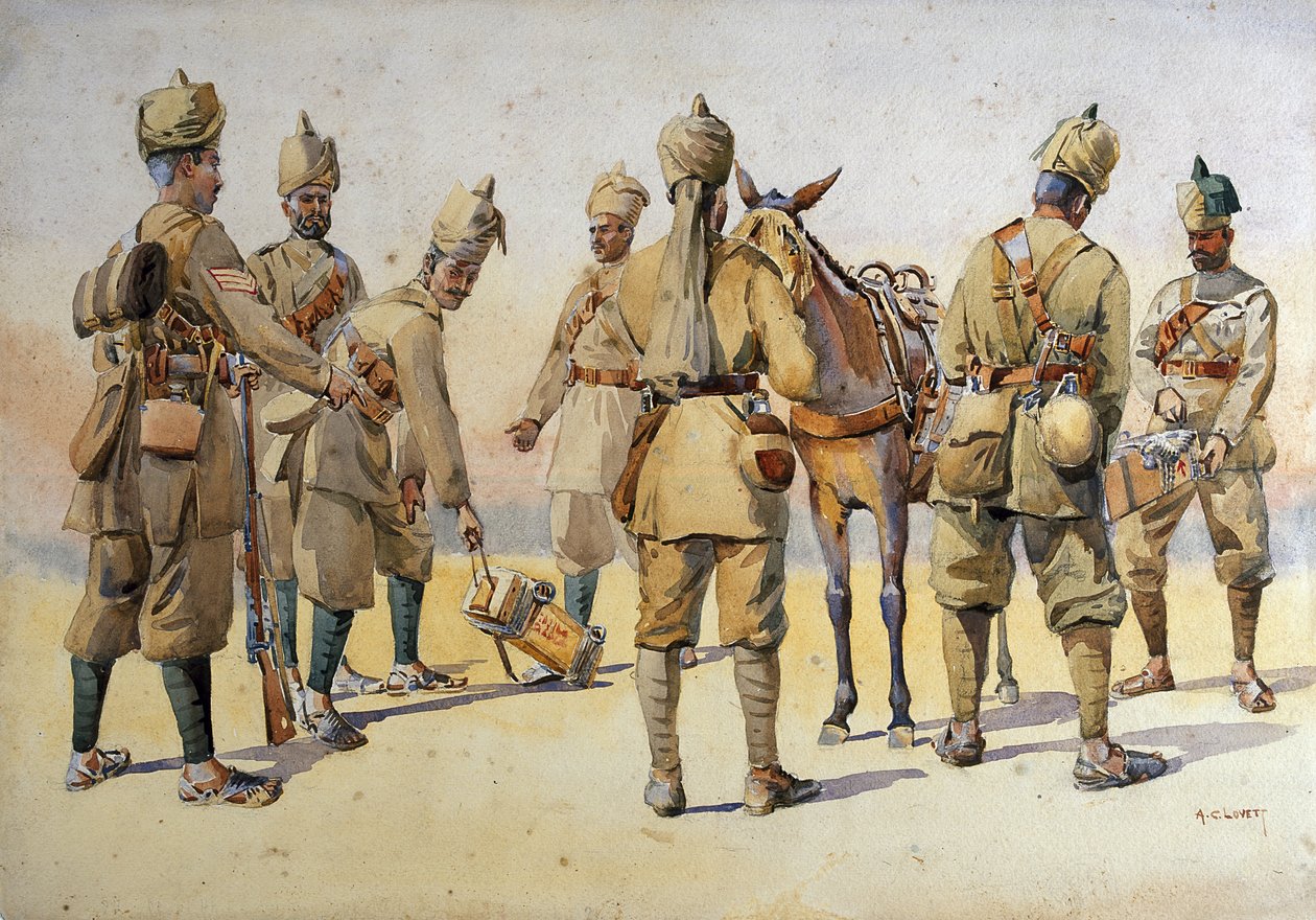Soldater från 46:e och 33:e Punjabis, illustration för "Armies of India" av major G.F. MacMunn, publicerad 1911, 1908 av Alfred Crowdy Lovett
