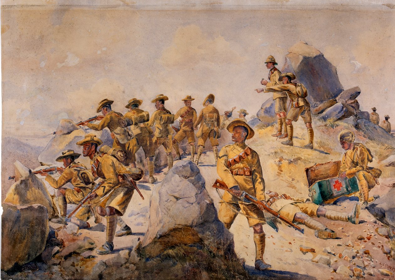 Soldiers of the 4th Gurkha Rifles, illustration för "Armies of India" av major G.F. MacMunn, publicerad 1911, 1908 av Alfred Crowdy Lovett