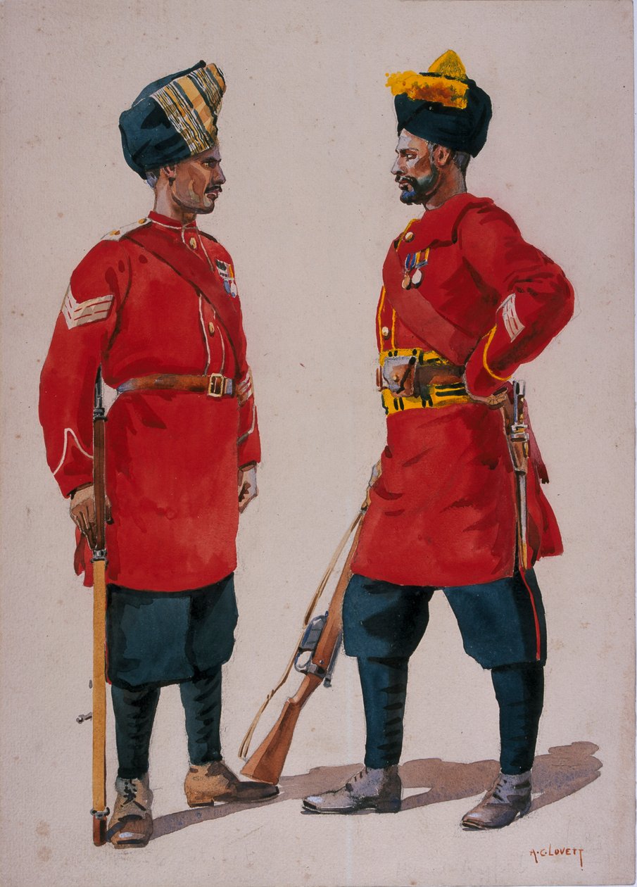 Soldater från 5:e lätta infanteriet, Musalman Rajput och 6:e lätta infanteriet, Jat Havildars, illustration till "Armies of India" av major G.F. MacMunn, utgiven 1911, 1908 av Alfred Crowdy Lovett
