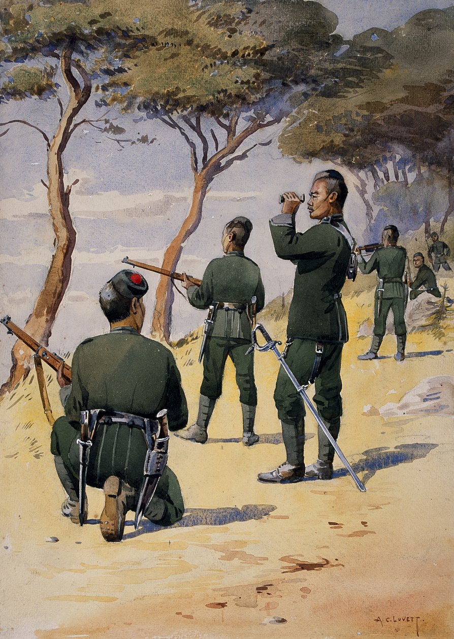 Soldiers of the 6th Gurkha Rifles, illustration för "Armies of India" av major G.F. MacMunn, publicerad 1911, 1908 av Alfred Crowdy Lovett