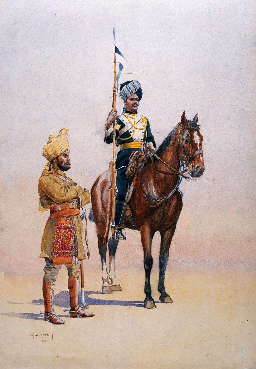 Soldater från Mysore Transport Corps, illustration från "Armies of India" av major G.F. MacMunn, publicerad 1911, 1910 av Alfred Crowdy Lovett