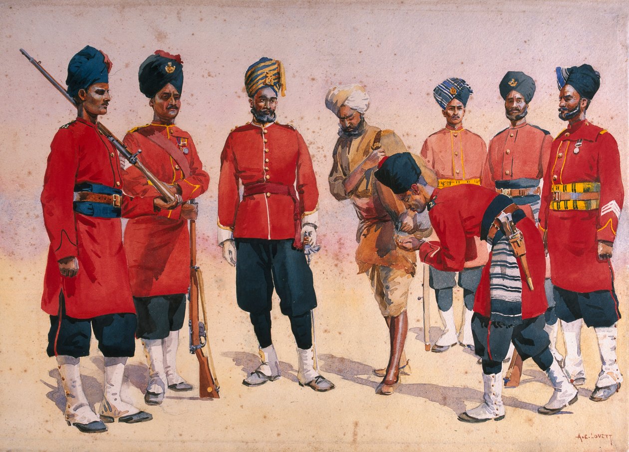Soldiers of the Rajput Regiment, illustration för "Armies of India" av major G.F. MacMunn, publicerad 1911, 1908 av Alfred Crowdy Lovett